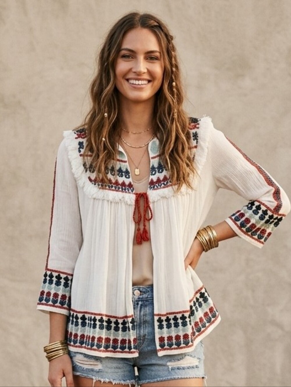 Zara Boho Embroidered Cotton Cardigan Blouse Top white Small